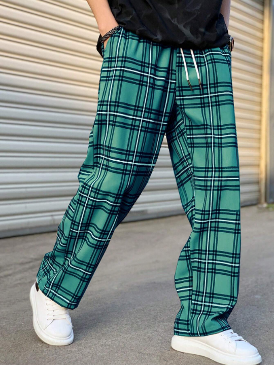 Manfinity Hypemode Loose Fit Men's Plaid Pattern Drawstring Waist Straight Leg Pants