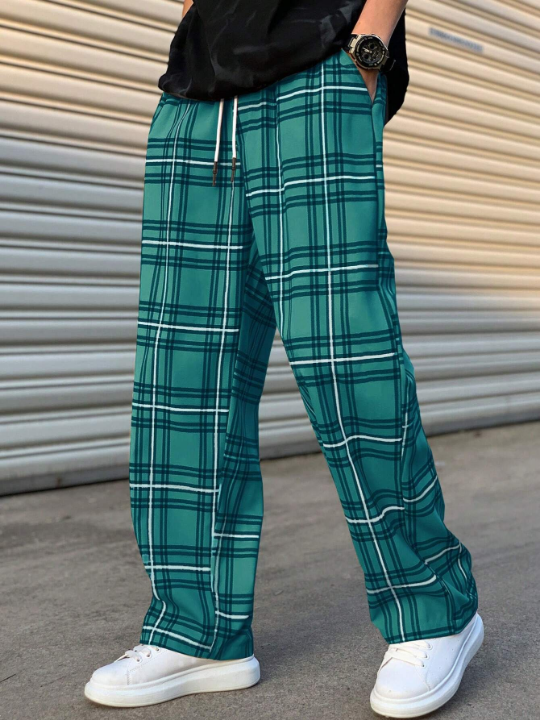 Manfinity Hypemode Loose Fit Men's Plaid Pattern Drawstring Waist Straight Leg Pants