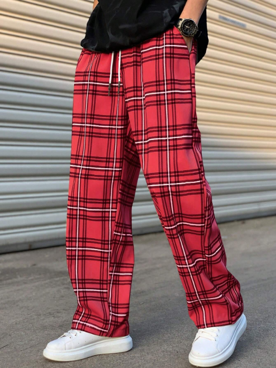 Manfinity Hypemode Loose Men's Plaid Print Drawstring Waist Pants