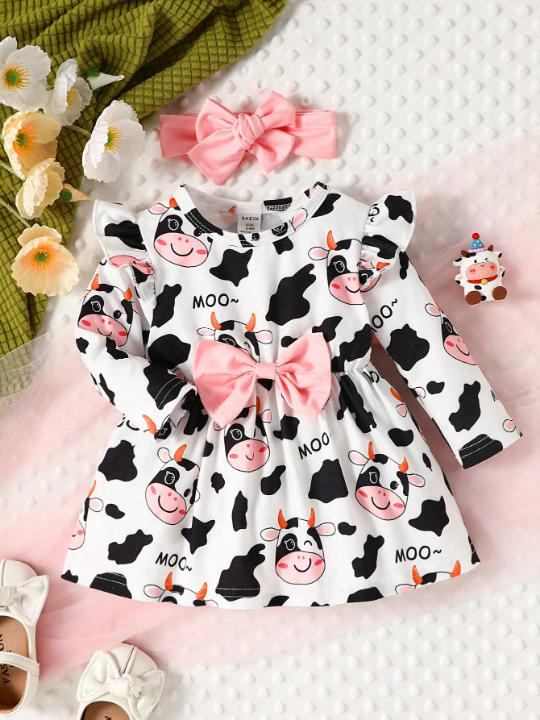 Baby Girl Cow & Letter Graphic Ruffle Trim Bow Front Dress & Headband