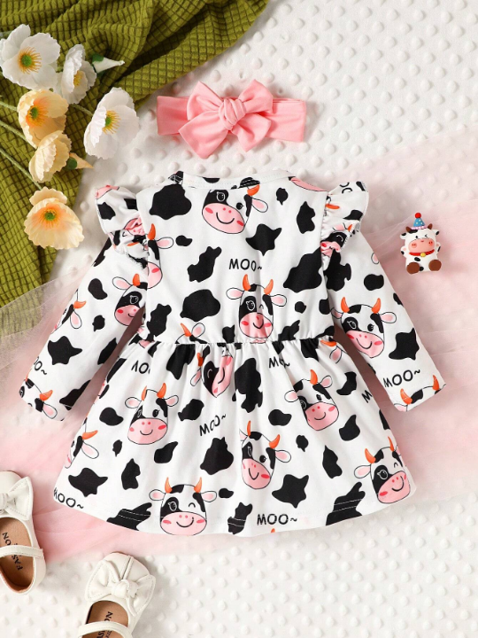 Baby Girl Cow & Letter Graphic Ruffle Trim Bow Front Dress & Headband