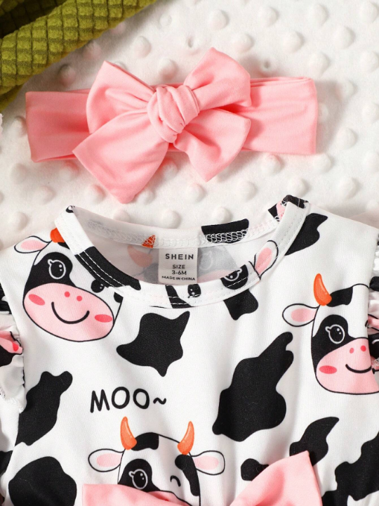 Baby Girl Cow & Letter Graphic Ruffle Trim Bow Front Dress & Headband