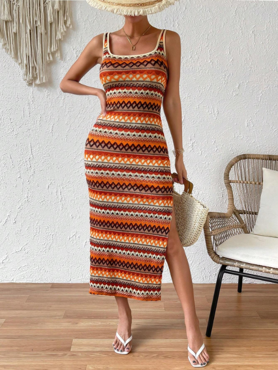 VCAY Summer Beach Vintage Style Side Split Sleeveless Long Dress