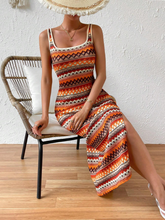 VCAY Summer Beach Vintage Style Side Split Sleeveless Long Dress