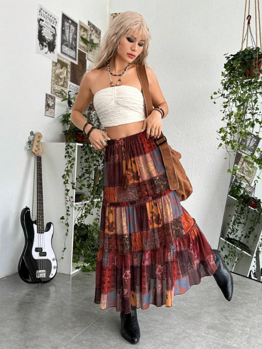 ROMWE PUNK Grunge Patchwork Print Layered Hem Skirt