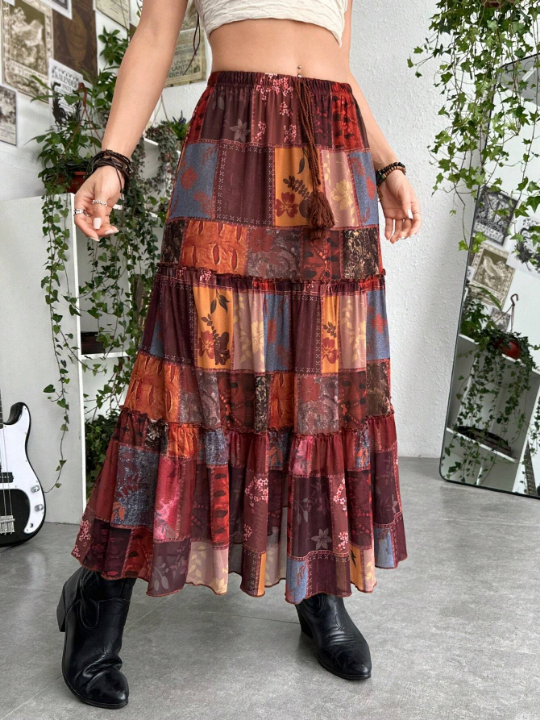 ROMWE PUNK Grunge Patchwork Print Layered Hem Skirt