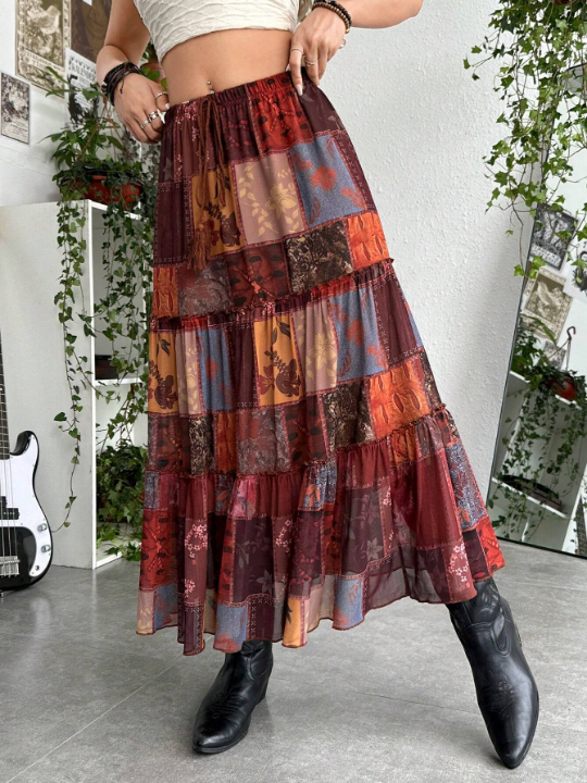 ROMWE PUNK Grunge Patchwork Print Layered Hem Skirt