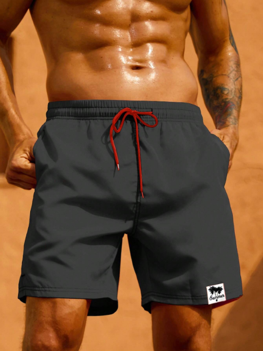 Manfinity Swimmode Men Letter Patched Drawstring Waist Swim Trunks