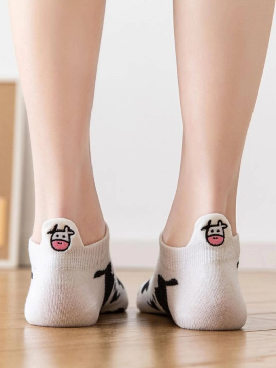 5pairs Women Cattle Embroidered Cow Print Fashionable Ankle Socks For Summer