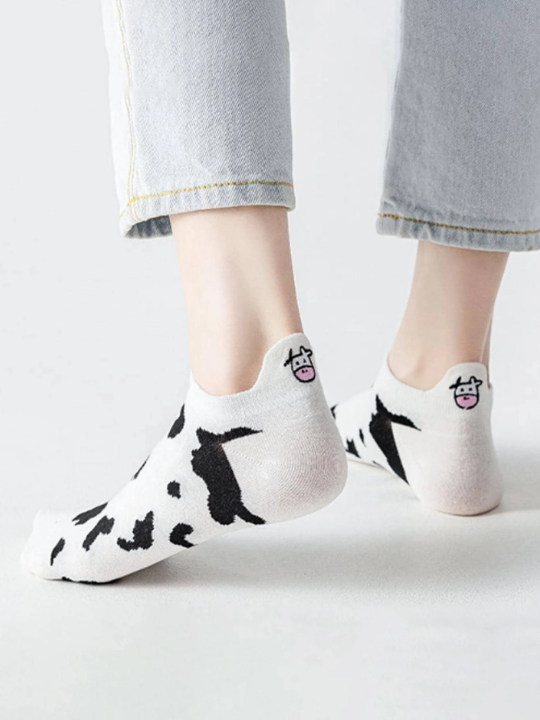 5pairs Women Cattle Embroidered Cow Print Fashionable Ankle Socks For Summer