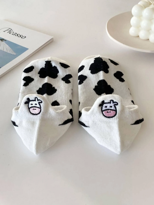 5pairs Women Cattle Embroidered Cow Print Fashionable Ankle Socks For Summer