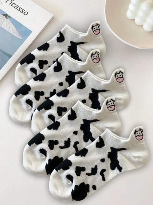 5pairs Women Cattle Embroidered Cow Print Fashionable Ankle Socks For Summer