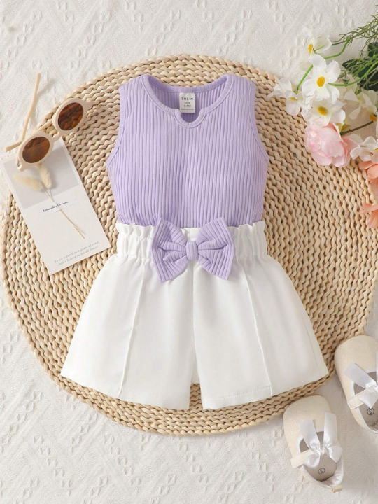 Baby Girl Two Tone Notched Neck Tank Top & Paperbag Waist Bow Front Shorts