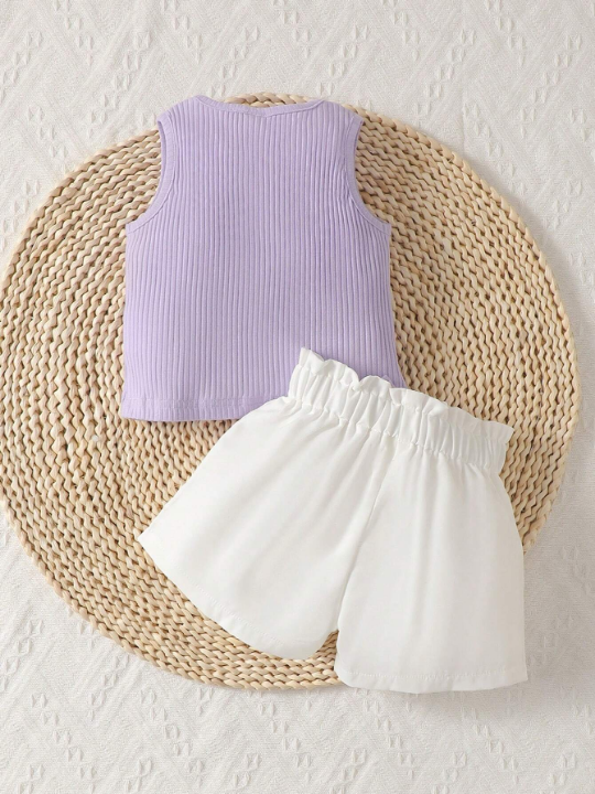 Baby Girl Two Tone Notched Neck Tank Top & Paperbag Waist Bow Front Shorts