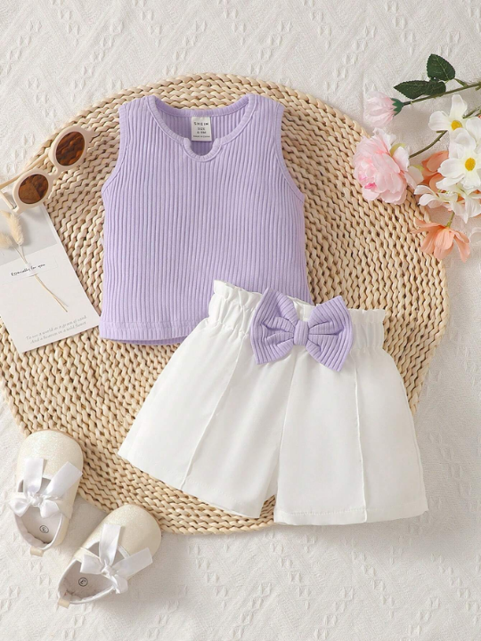 Baby Girl Two Tone Notched Neck Tank Top & Paperbag Waist Bow Front Shorts