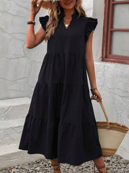 VCAY Notched Neck Ruffle Trim Smock Dress