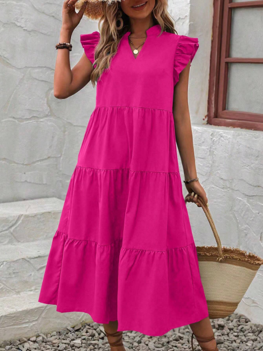 LUNE Notched Neckline Ruffle Trim Smock Dress