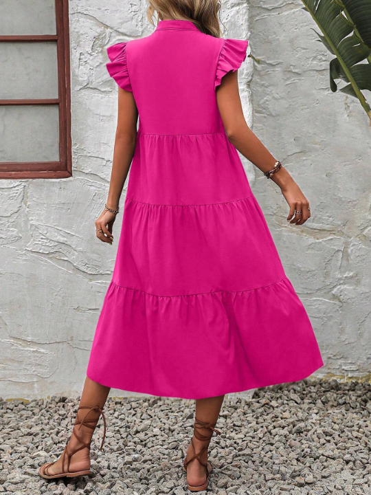 LUNE Notched Neckline Ruffle Trim Smock Dress