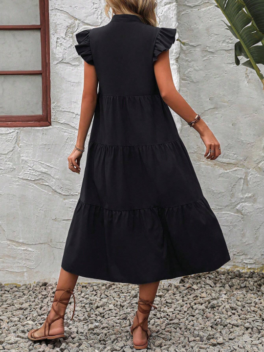 VCAY Notched Neck Ruffle Trim Smock Dress