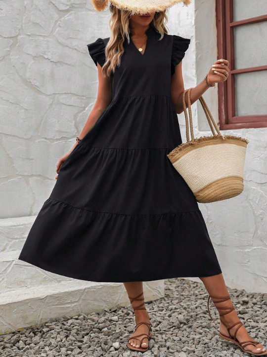 VCAY Notched Neck Ruffle Trim Smock Dress