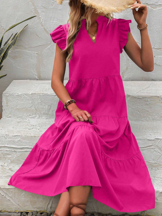 LUNE Notched Neckline Ruffle Trim Smock Dress