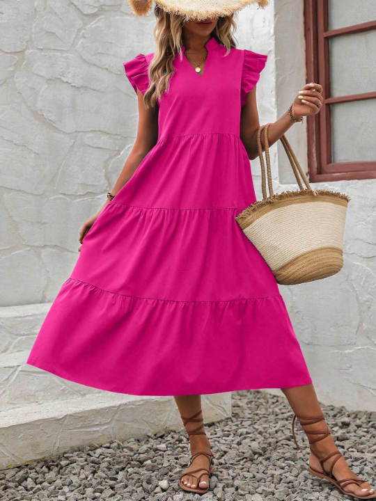 LUNE Notched Neckline Ruffle Trim Smock Dress