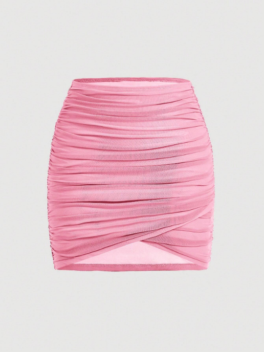 MOD Solid Wrap Ruched Elasticity Mesh Pink Bodycon Skirt