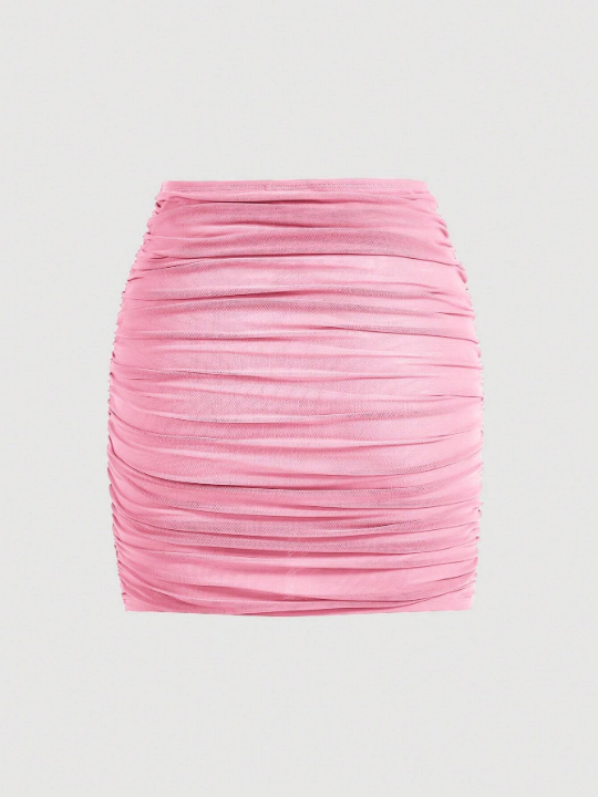 MOD Solid Wrap Ruched Elasticity Mesh Pink Bodycon Skirt