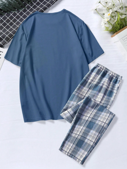 Men Slogan Graphic Tee & Plaid Pants PJ Set