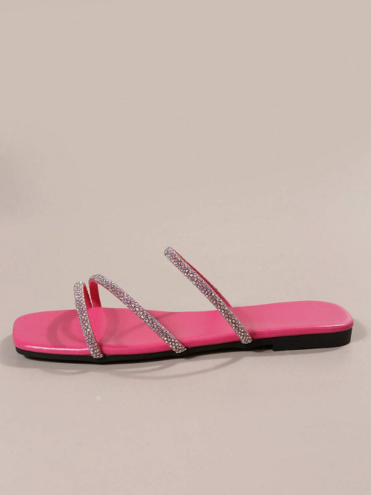 Glamorous Slide Sandals For Women, Rhinestone Decor Multi Strap Flat Sandals