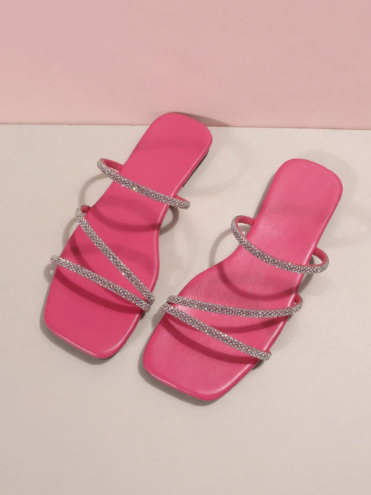 Glamorous Slide Sandals For Women, Rhinestone Decor Multi Strap Flat Sandals