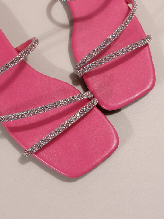 Glamorous Slide Sandals For Women, Rhinestone Decor Multi Strap Flat Sandals