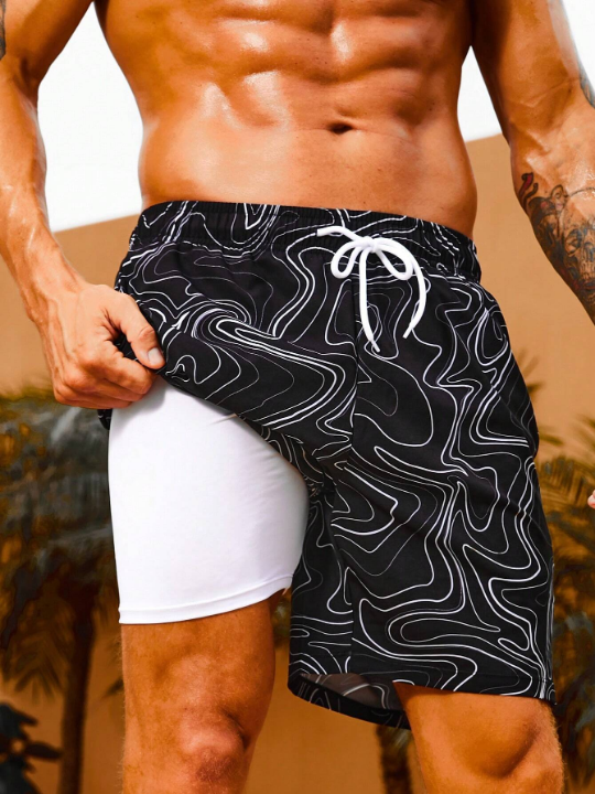 Manfinity Swimmode Men Allover Print Drawstring Waist Swim Trunks