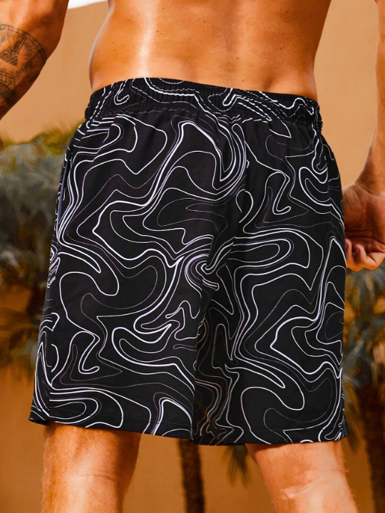 Manfinity Swimmode Men Allover Print Drawstring Waist Swim Trunks