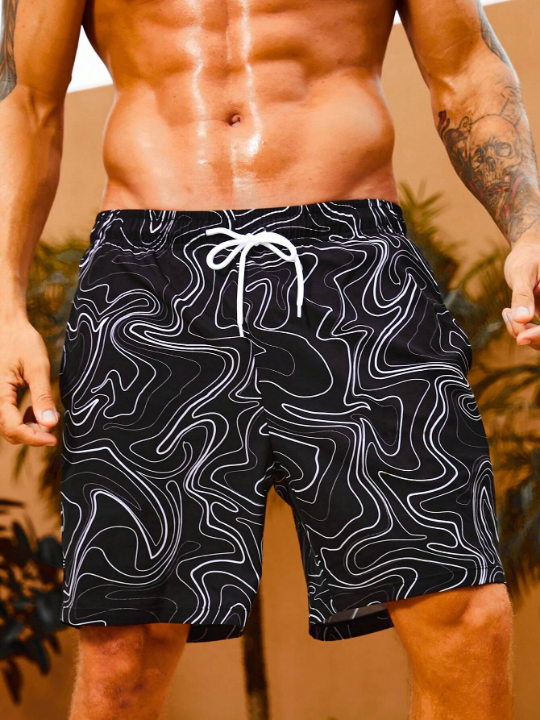 Manfinity Swimmode Men Allover Print Drawstring Waist Swim Trunks