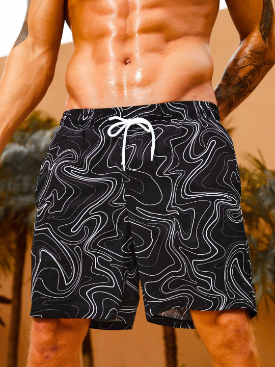 Manfinity Swimmode Men Allover Print Drawstring Waist Swim Trunks