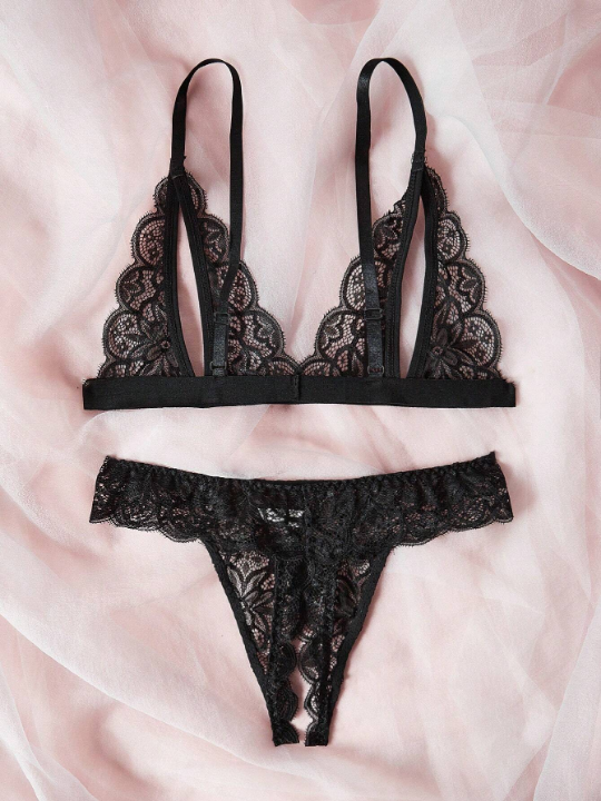 Floral Lace Scallop Trim Lingerie Set