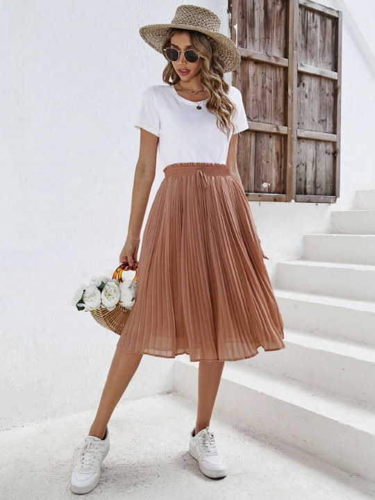 Frenchy Solid Paperbag Waist Pleated Skirt