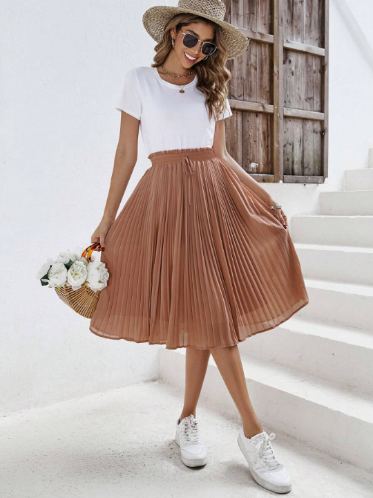 Frenchy Solid Paperbag Waist Pleated Skirt