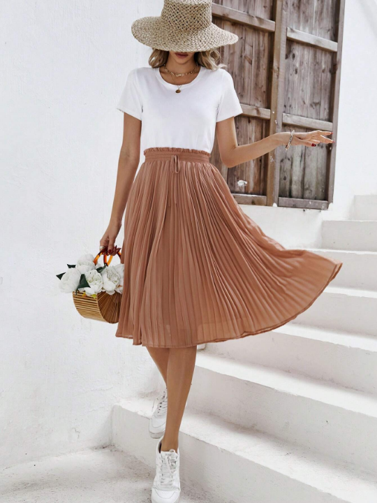 Frenchy Solid Paperbag Waist Pleated Skirt