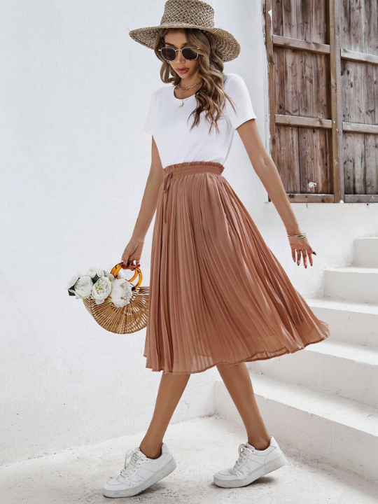 Frenchy Solid Paperbag Waist Pleated Skirt