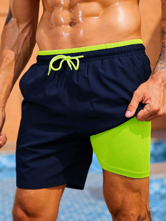 Manfinity Swimmode Men Drawstring Waist Swim Shorts With Compression Liner