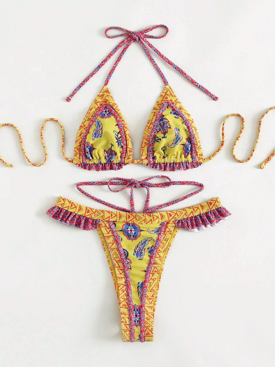 Swim BohoFeel Geometric & Paisley Print Bikini Set Frill Trim Triangle Bra Top & Thong 2 Piece Bathing Suit