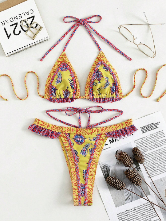 Swim BohoFeel Geometric & Paisley Print Bikini Set Frill Trim Triangle Bra Top & Thong 2 Piece Bathing Suit