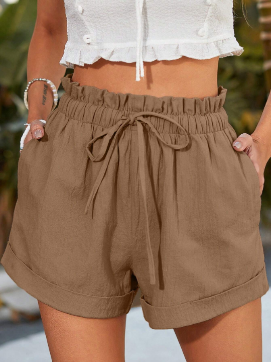 VCAY Paperbag Waist Tie Front Roll Up Hem Shorts