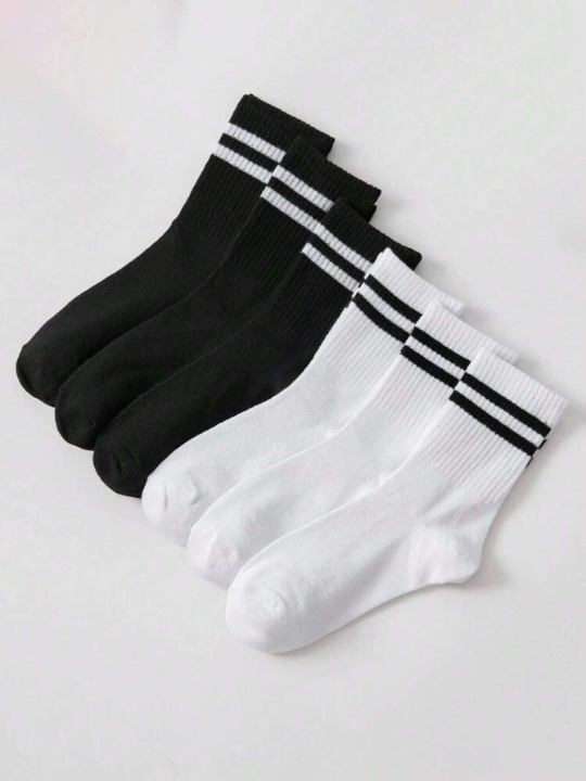 6pairs Women Striped Pattern Fashionable Crew Socks For Daily Decoration