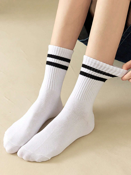 6pairs Women Striped Pattern Fashionable Crew Socks For Daily Decoration