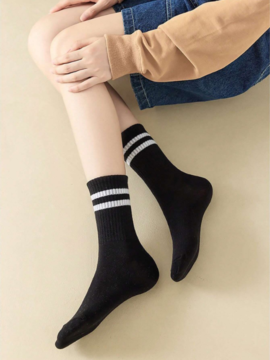 6pairs Women Striped Pattern Fashionable Crew Socks For Daily Decoration