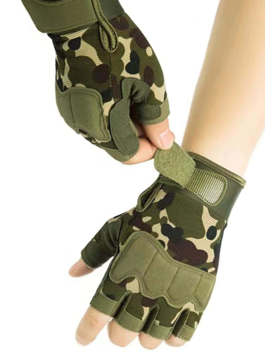 1pair Men Camo Hook-and-loop Fastener Fashionable Fingerless Gloves For Daily Decoration