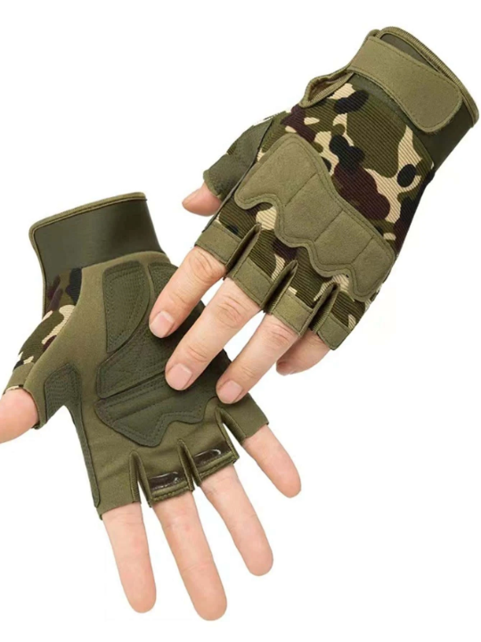 1pair Men Camo Hook-and-loop Fastener Fashionable Fingerless Gloves For Daily Decoration
